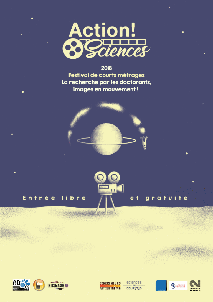 affiche festival court métrage scientifique 2018 Action Science à Rennes, on voit une planete, un fusée en arriere plan, et une camera à la surface d'une planete, en premier plan. L'affiche est en bichromie, violet foncé et jaune pale.